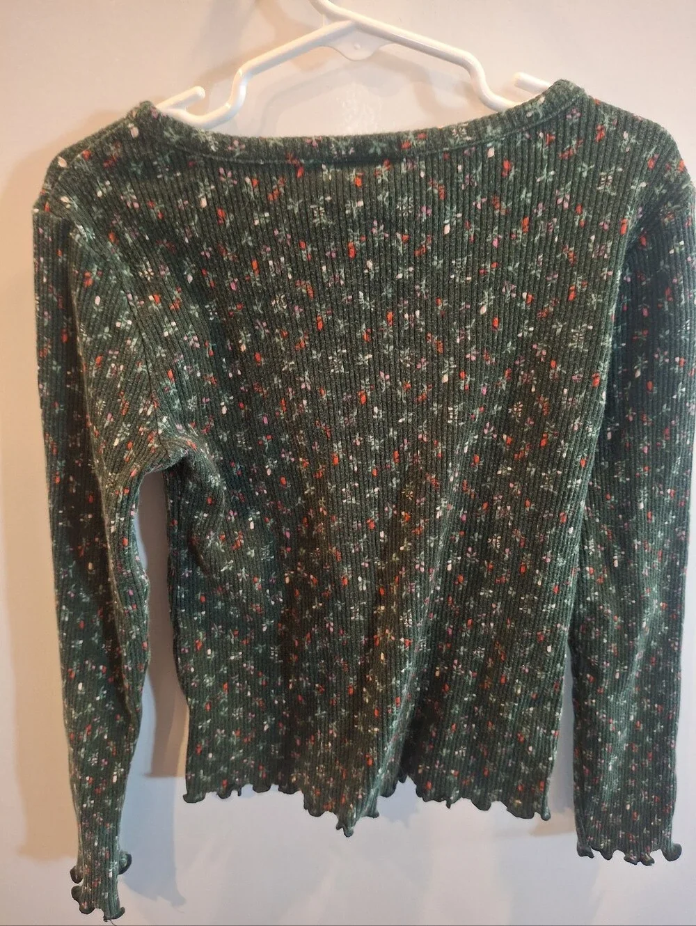 Girls’s Green Ribbed Henley Top with Tiny Floral Print